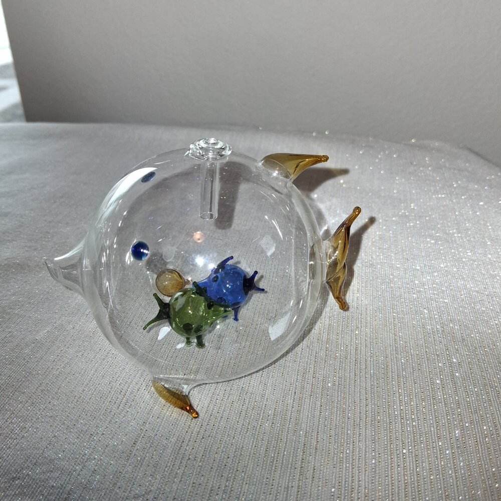 Vintage Blown Glass Oil Lamp Fish with Babies Tropical Nautical Beach colorful